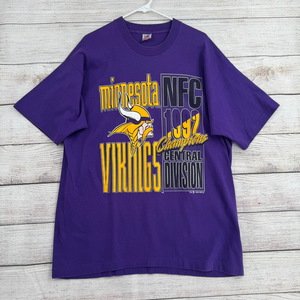 Vintage 1992 Minnesota Vikings NFC Champions T-Shirt Men XL Purple Fruit Loom